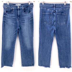 Ayr The Pop Straight Leg Jeans Bomba Blue Stretch Denim Frayed Hem Sz 33 x 27